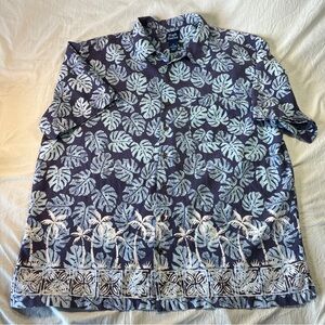 HIGH SIERRA Linen/Cotton Mens L Hawaiian Palm Tree Camp Shirt Blue Tree/Leaves